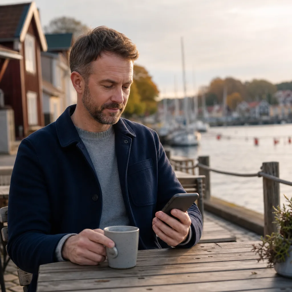 Hedvig bilförsäkring tecknas i mobilappen på ett café
