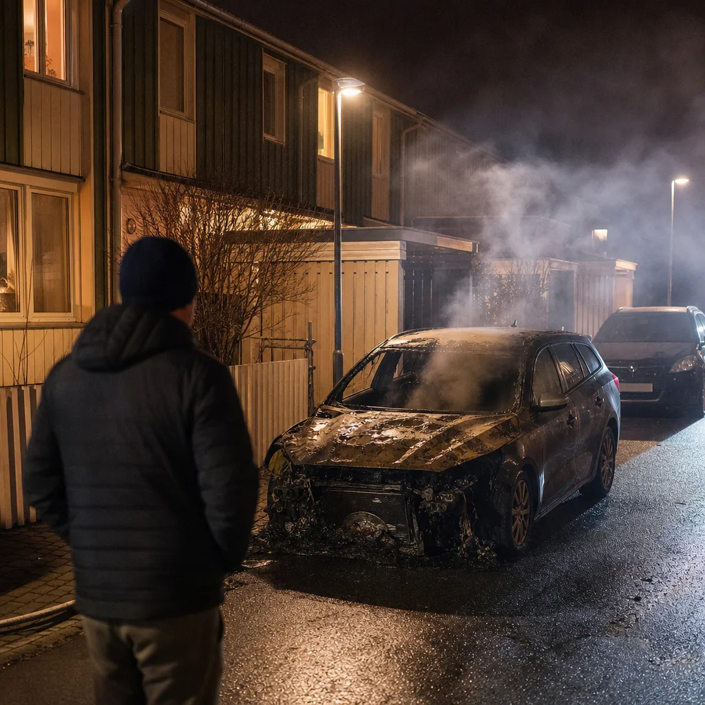 Parkering i nattbelysning — illustration av stöld och brand