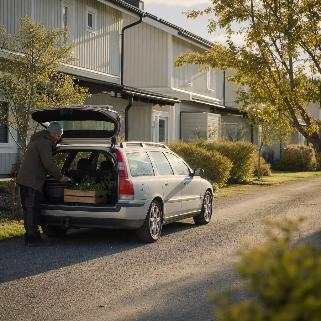 Äldre Volvo V70 på skogsväg